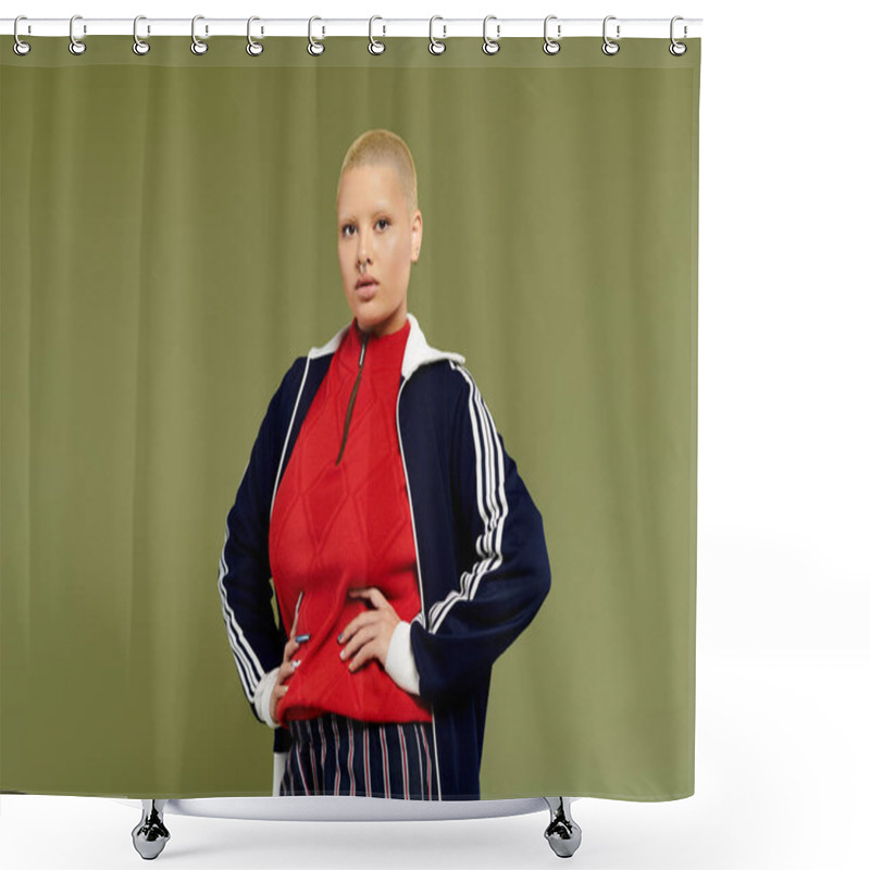 Personality  A Confident Young Bald Woman In Vibrant Attire Poses With Attitude Against A Green Background. Shower Curtains