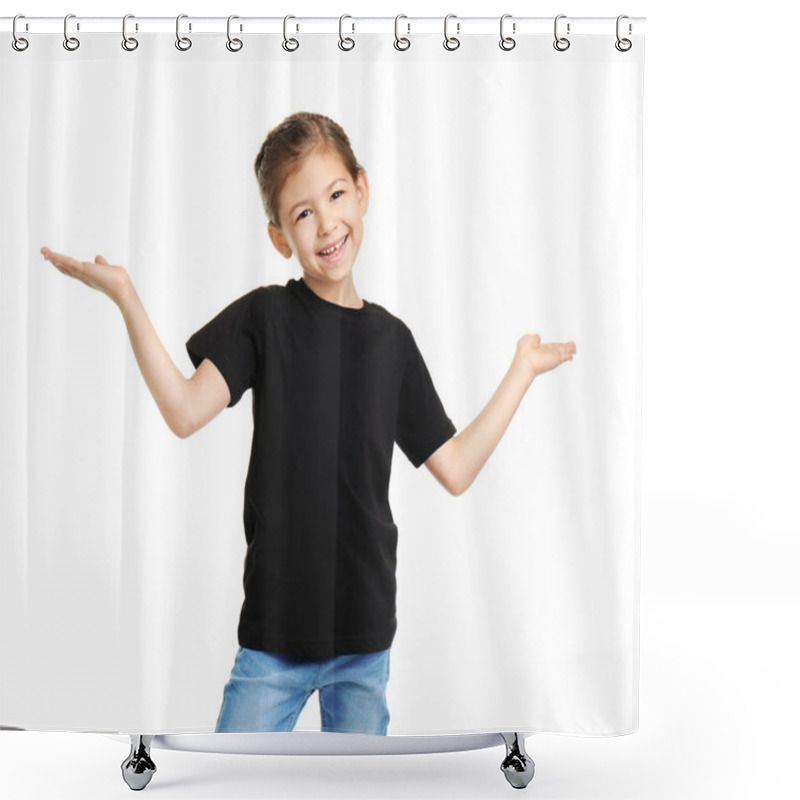 Personality  Little Girl In T-shirt On White Background. Mockup For Design Shower Curtains