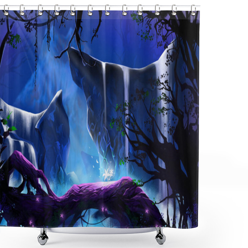 Personality  Mystery Glowing Flower In The Deep Forest. Video Games Digital CG Artwork, Concept Illustration, Realistic Cartoon Style Background Shower Curtains