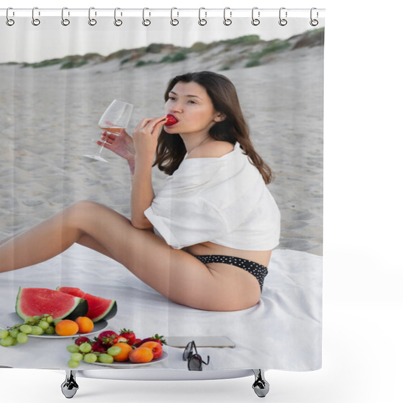 Personality  Woman In Shirt Eating Strawberry And Holding Wine Near Smartphone And Sunglasses On Beach  Shower Curtains