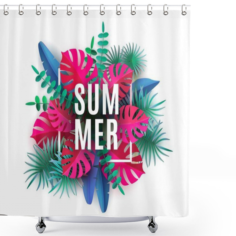 Personality  Summer Tropical Leaves Plants Flowers Bougainvillea Isolated On White Background Trendy Abstract Banner With Tropical Foliage Cut Paper Vector Shower Curtains