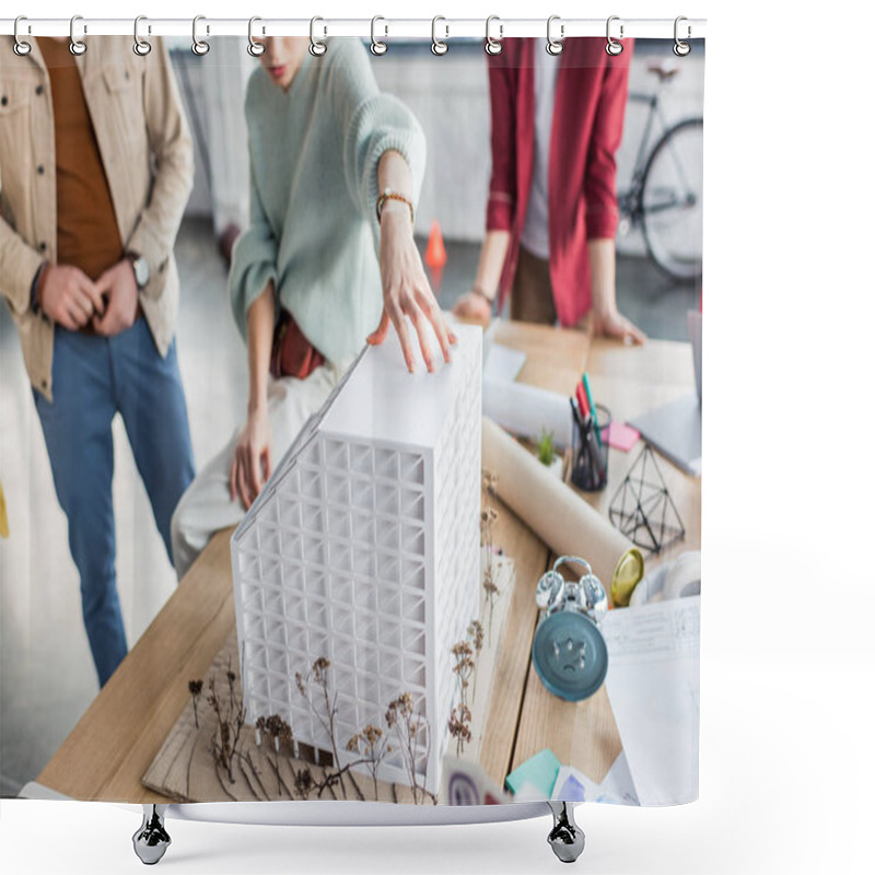 Personality  Cropped View Of Group Of Female And Male Architects Working Together On House Model In Loft Office Shower Curtains