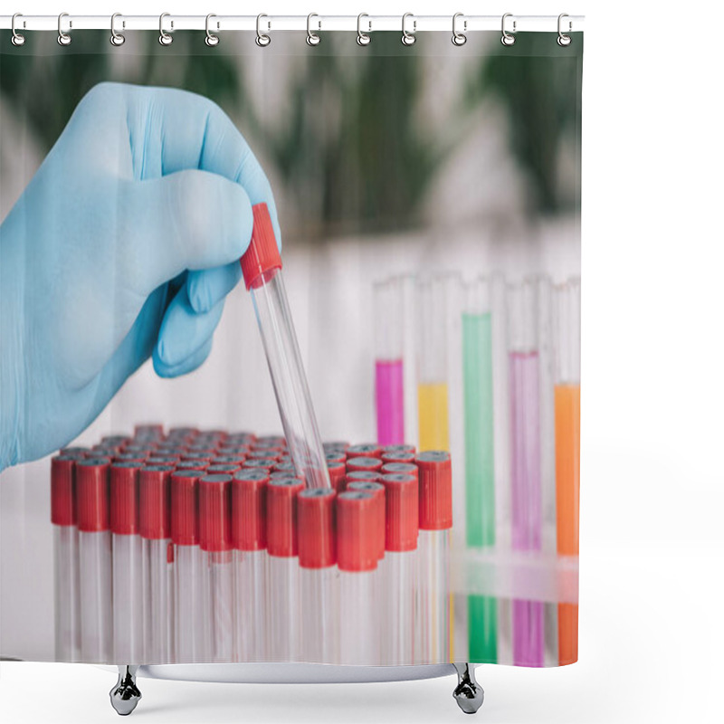 Personality  Cropped View Of Doctor In Latex Glove Holding Glass Test Tube In Laboratory  Shower Curtains