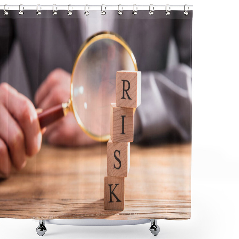 Personality  Close-up Of Wooden Blocks With Risk Word In Front Of Businessperson's Hand Holding Magnifying Glass Shower Curtains