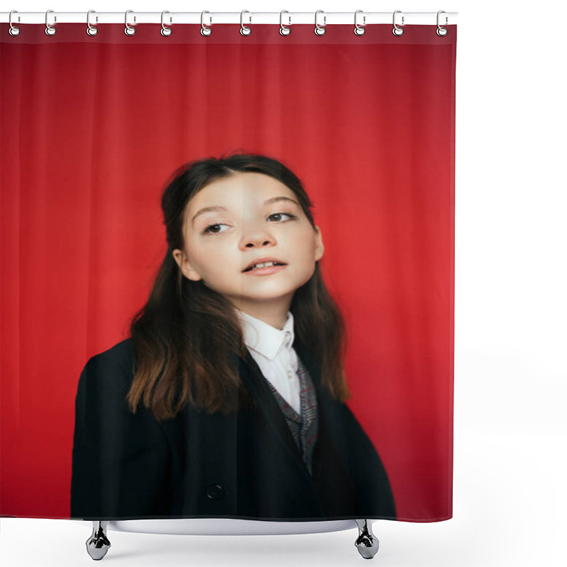 Personality  Portrait Of Preteen Brunette Girl In Black Blazer Looking Away Isolated On Red Shower Curtains