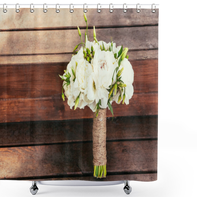 Personality  Rustic Wedding Bouquet On Brown Wooden Backgraund On Ceremony Pl Shower Curtains