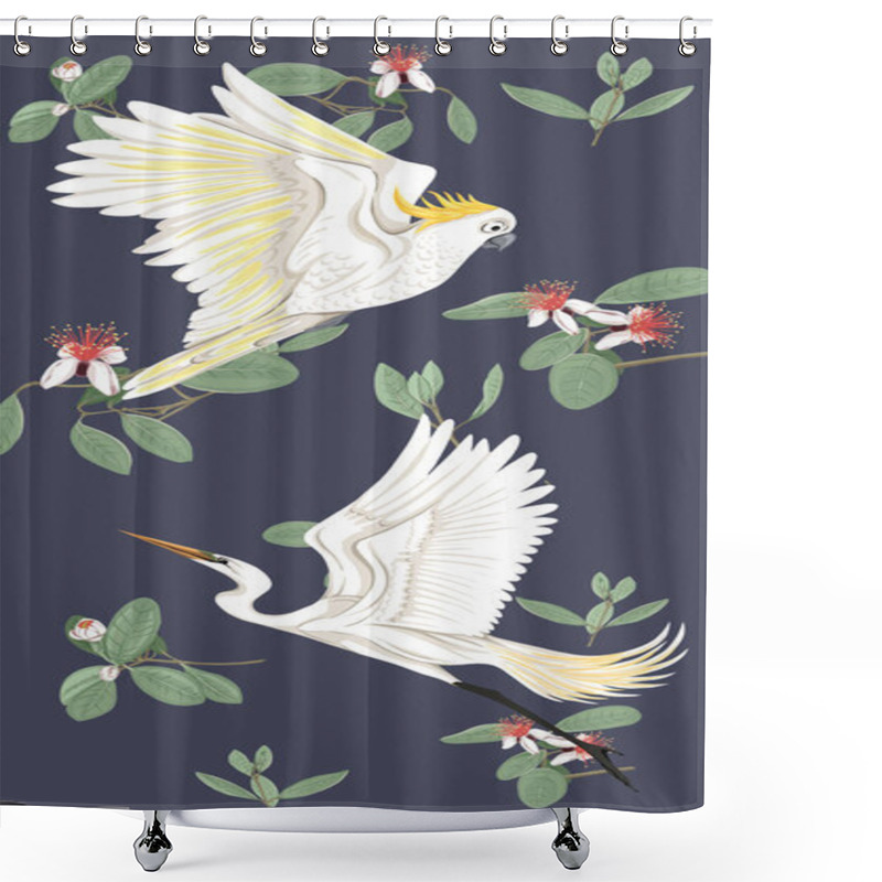 Personality  Pattern, Background With With Feijoa Flowers With Herons And Cockatoo Parrot. Vector Illustration.  On Dark Blue Background.  Shower Curtains