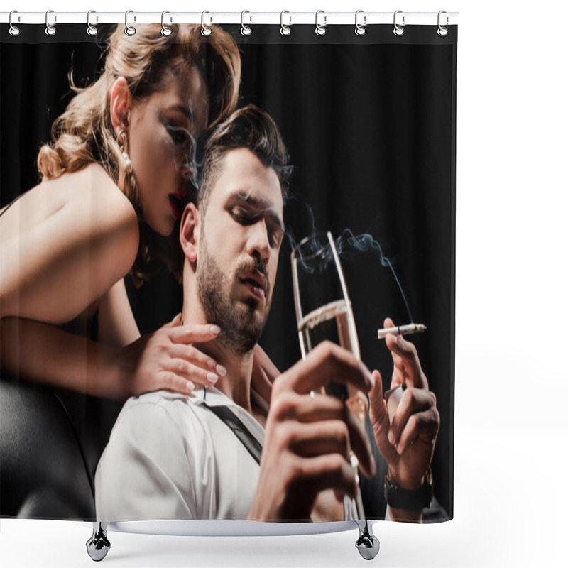 Personality  Sexy Woman Touching Handsome, Confident Man Holding Cigarette And Glass Of Champagne Isolated On Black Shower Curtains