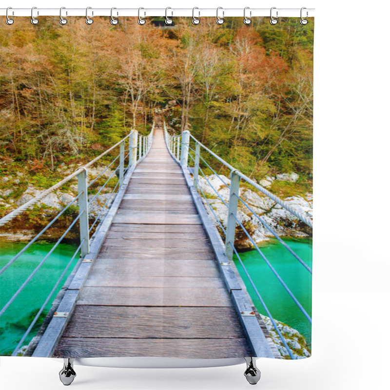 Personality  Old Wooden Bridge Over Soca River Shower Curtains