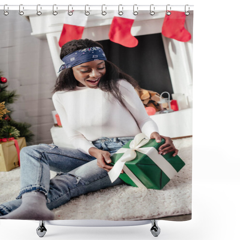 Personality  Surprised Attractive African American Woman Looking At Christmas Present At Home Shower Curtains