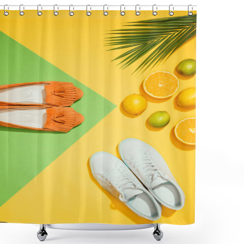 Personality  Top View Of Palm Leaf, Stylish Female Slippers Shoes And Sneakers, Lemons, Limes And Slices Of Orange Shower Curtains