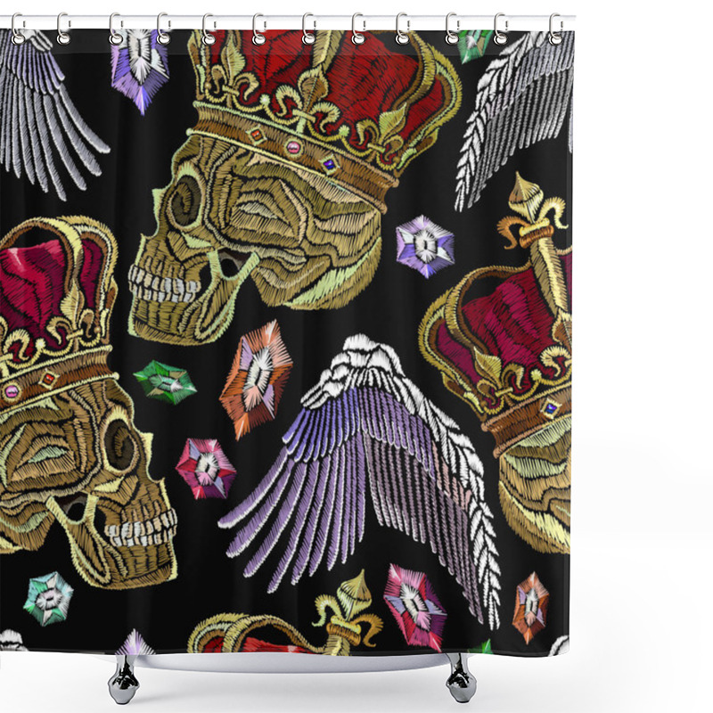 Personality  Embroidery Golden Crown, Human Skull, Feathers And Angel Wings Shower Curtains