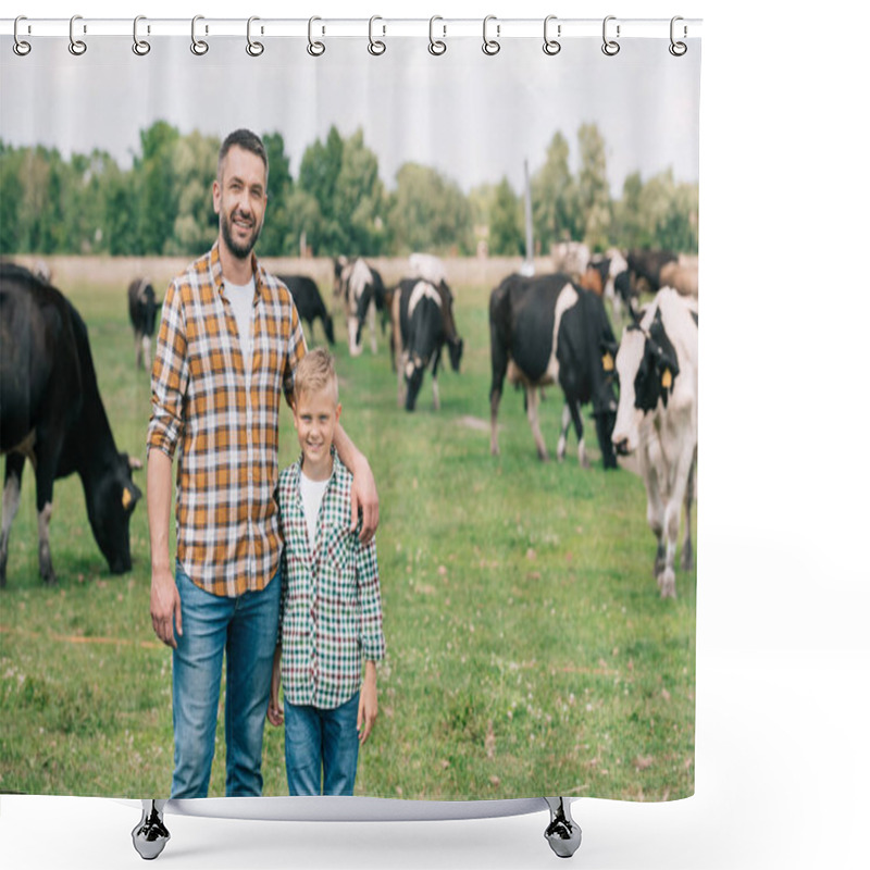 Personality  Father And Son Smiling At Camera While Standing Near Grazing Cattle At Farm  Shower Curtains