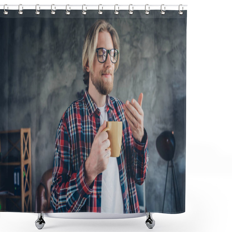 Personality  Portrait Photo Of Young Blond Hair Man Cheerful Worker Holding Cup Coffee Smell Aromatic Cappuccino Indoors Loft Design Modern Office. Shower Curtains