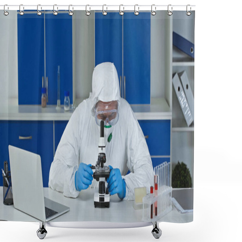 Personality  Scientist Working With Microscope Near Laptop In Laboratory Shower Curtains