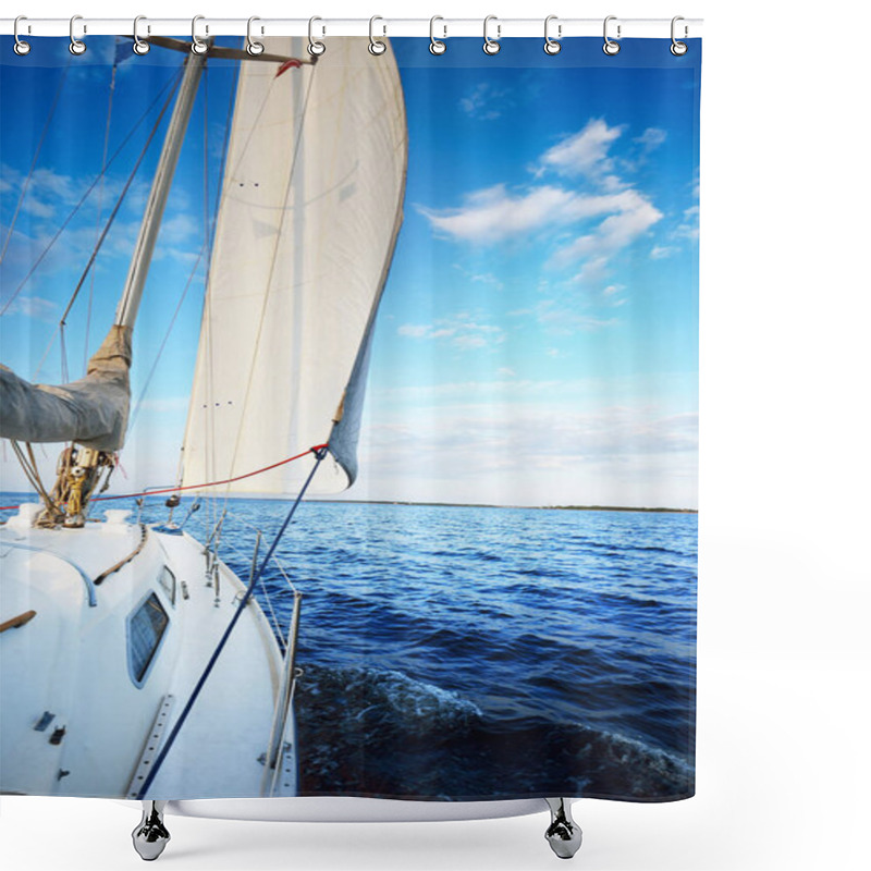 Personality  White Yacht Sailing In A Still Water At Sunset. A View From The Deck To The Bow, Mast And Sails. Stunning Cloudscape. Natural Mirror. Sport And Recreation Theme. Baltic Sea, Latvia Shower Curtains