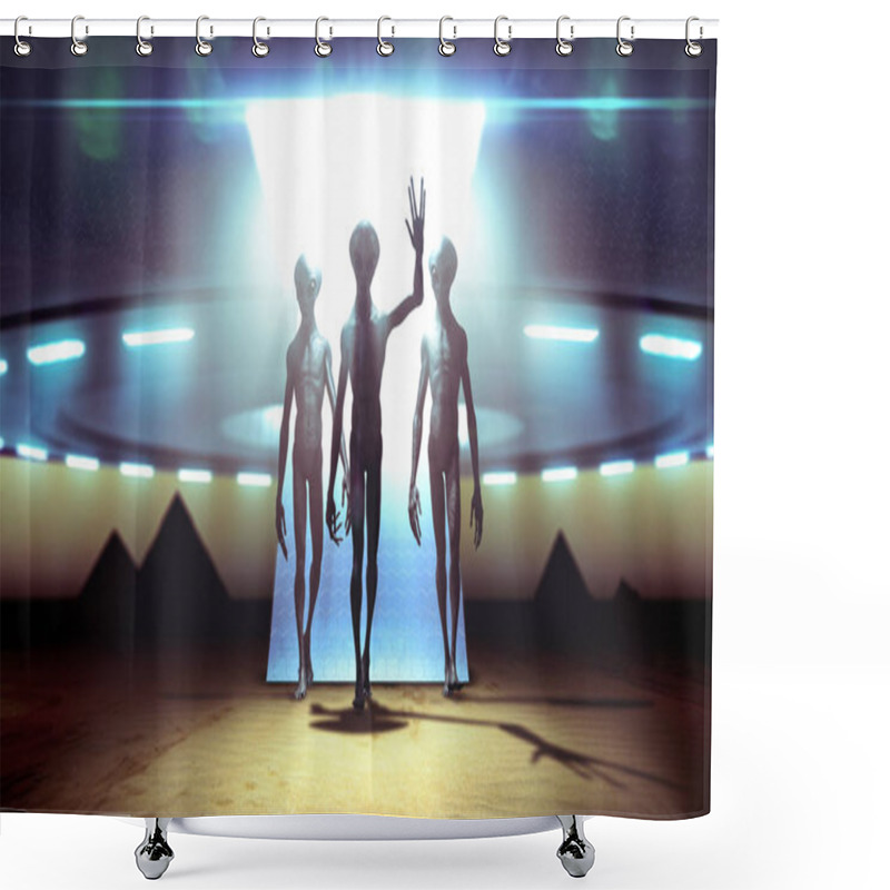 Personality  Aliens Landing With Ufo On Earth Coming In Peace Near Pyramids - 3D Rendering Shower Curtains