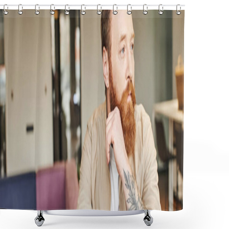 Personality  Portrait Of Thoughtful, Bearded And Tattooed Entrepreneur Looking Away In Modern Office Environment, Professional Headshot,  Business Lifestyle Concept, Banner With Copy Space Shower Curtains