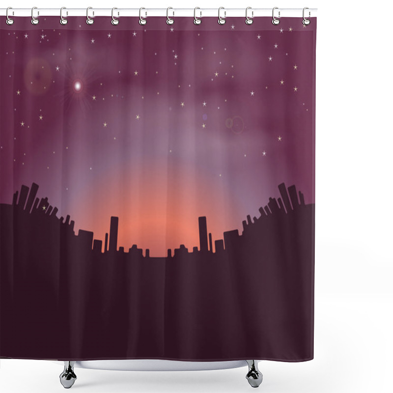 Personality  Night City Buildings Silhouettes On A Background Of The Night Sky And The Rising Sun. Shower Curtains