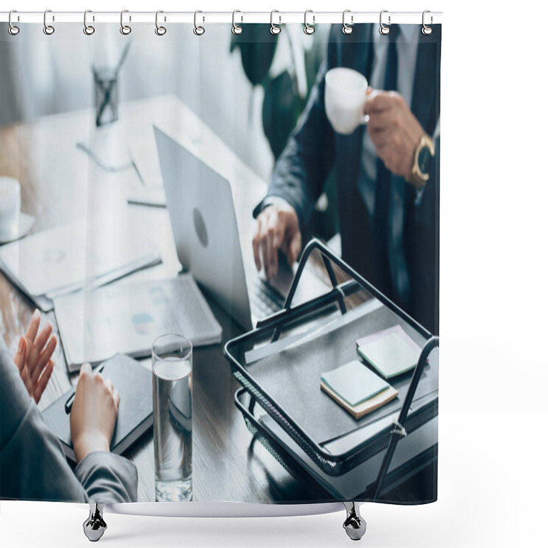 Personality  Cropped View Of Businesswoman Holding Pen Near Notebook, Glass Of Water And Investor With Cup Of Coffee In Office  Shower Curtains