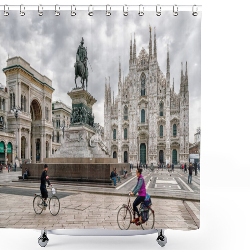 Personality  Milan, Italy - April 15, 2018: Cathedral Duomo Di Milan And Statue Vittorio Emanuele II In Centre Of City Shower Curtains