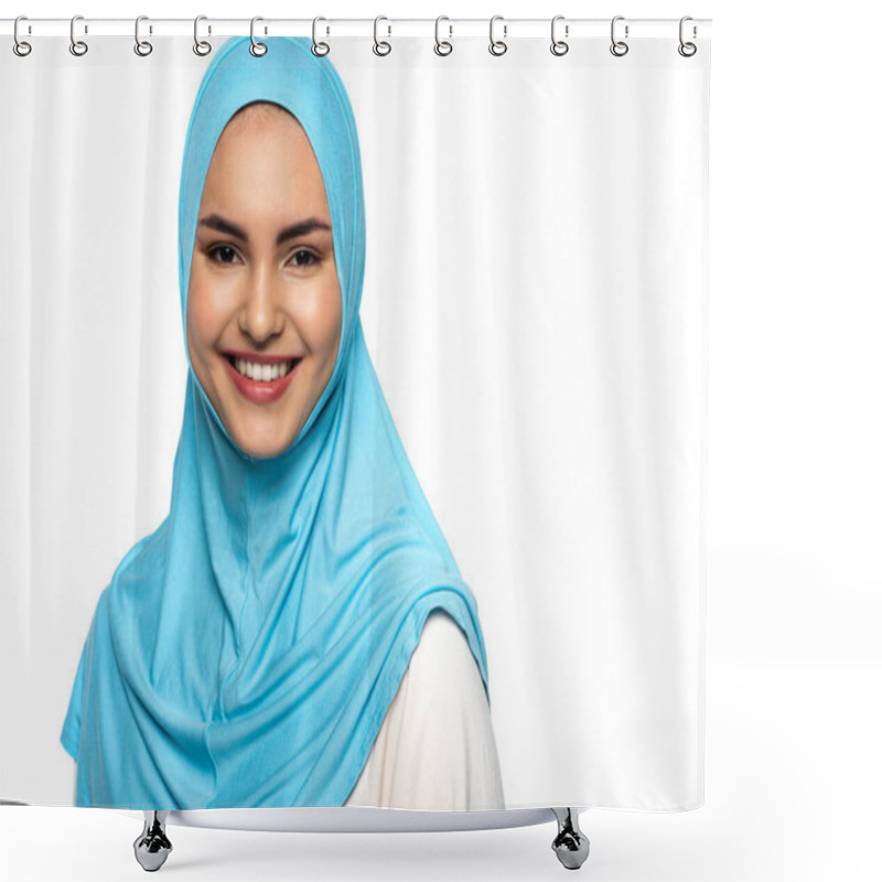 Personality  Muslim Woman In Hijab Smiling At Camera Isolated On White  Shower Curtains