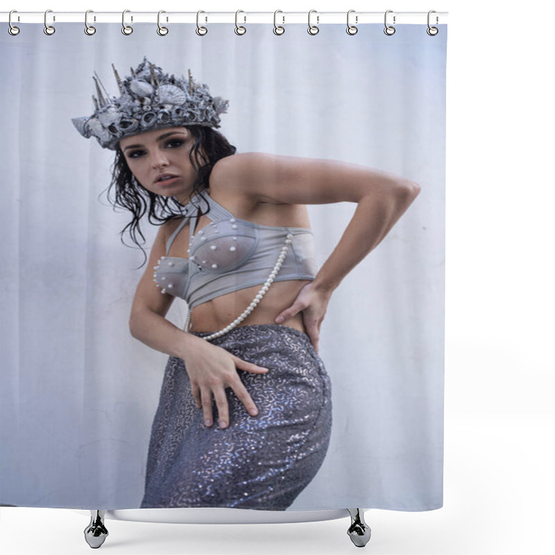 Personality  A Young Woman With Wet Hair And A Seashell Crown Poses In A Shimmering Mermaid Tail. Shower Curtains