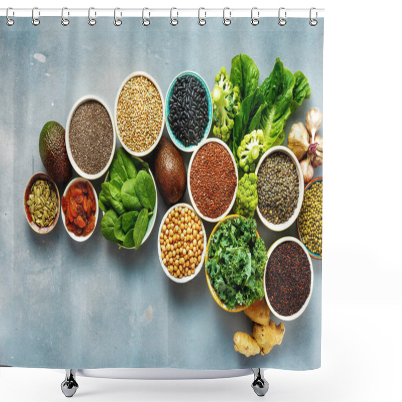 Personality  Vegetarian Healthy Food Concept. Set Raw Seeds, Cereals, Beans, Superfoods And Green Vegetables On Blue Stone Background Top View Flat Lay Shower Curtains