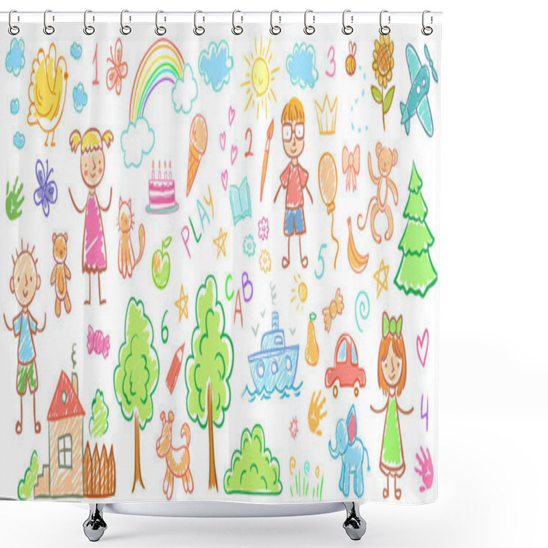 Personality  Child Drawings. Kids Doodle Paintings, Children Crayon Drawing And Hand Drawn Kid Vector Illustration Shower Curtains