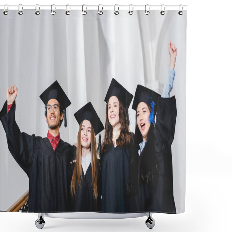 Personality  Happy College Graduates Smiling And Gesturing In University   Shower Curtains