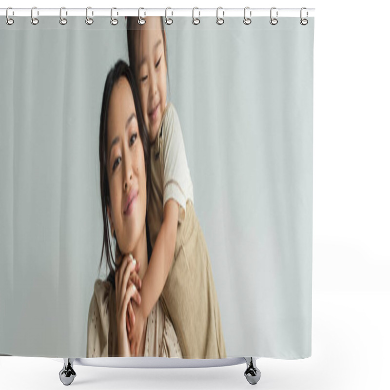 Personality  Cheerful Asian Toddler Daughter Hugging Happy Mother Isolated On Gray, Banner Shower Curtains