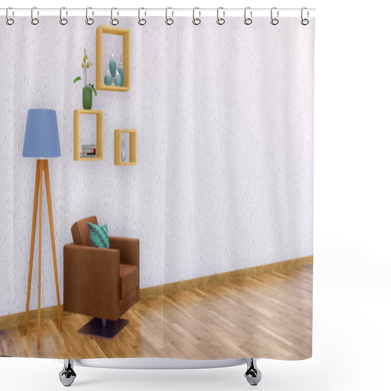 Personality  Modern Minimalist Living Room Interior Design With Brown Leather Armchair, Floor Lamp And Simple Shelves On Empty White Wall Background With Copy Space. 3D Illustration From My Own 3D Rendering File. Shower Curtains