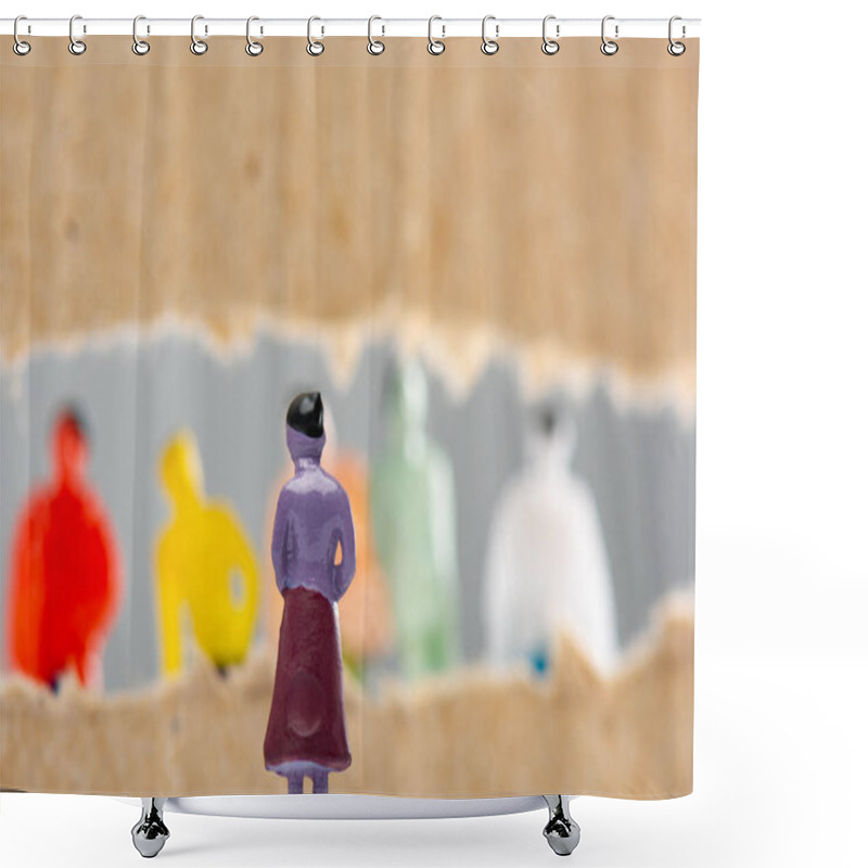 Personality  Selective Focus Of Toy Near Hole In Cardboard With People Figures Isolated On Grey, Concept Of Social Rights  Shower Curtains