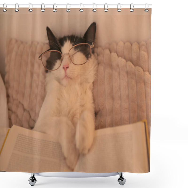 Personality  Cute Cat With Glasses And Book Sleeping On Bed At Home, Closeup Shower Curtains