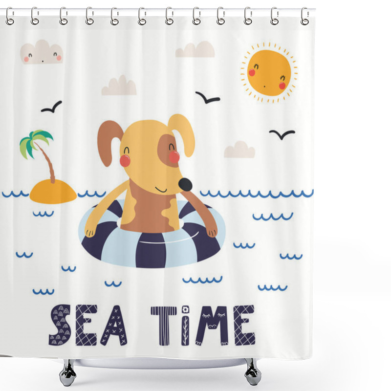 Personality  Hand Drawn Vector Illustration Of A Cute Dog In Summer Swimming, With Lettering Quote Sea Time Isolated On White Background. Scandinavian Style Flat Design. Concept For Summer Children Print Shower Curtains