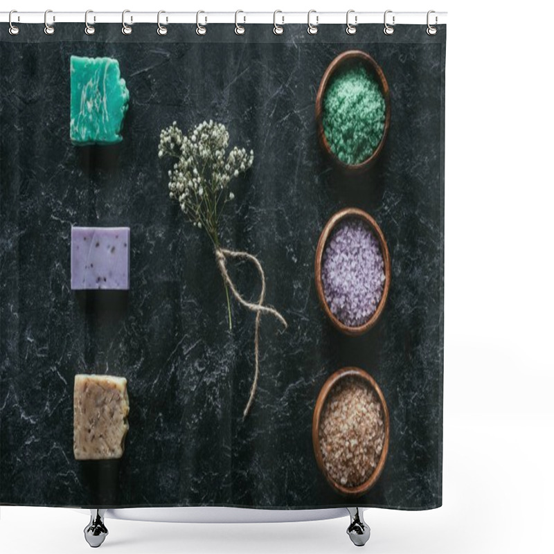 Personality  Top View Of Homemade Soap, Dried Flowers And Sea Salt On Black Marble Surface, Spa Concept Shower Curtains