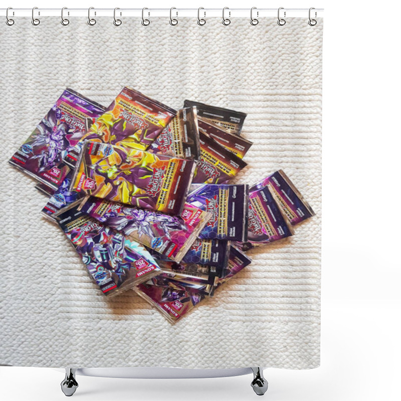 Personality  A Heap Of Brand New Yu-Gi-Oh Card Booster Packs Laying On The Carpet. Trading Card Games Stack Of Packages Shower Curtains