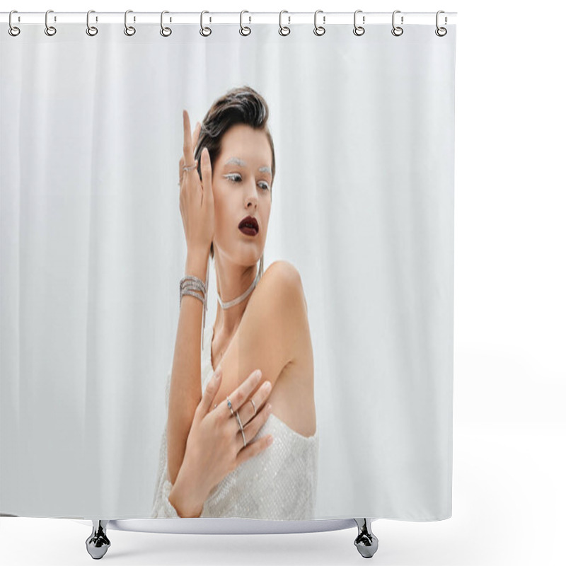 Personality  A Beautiful Woman Showcases Her Stylish Winter Outfit While Exuding Elegance And Charm. Shower Curtains