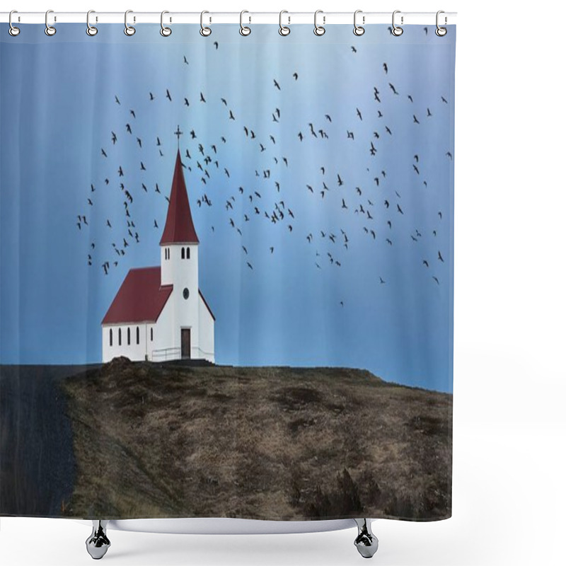 Personality  Church And Flock Of Birds Shower Curtains