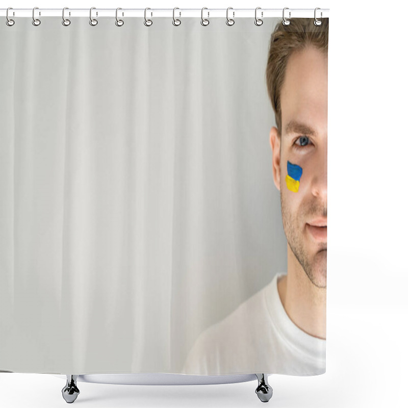 Personality  Cropped View Of Man With Ukrainian Flag On Face Looking At Camera Isolated On Grey Shower Curtains