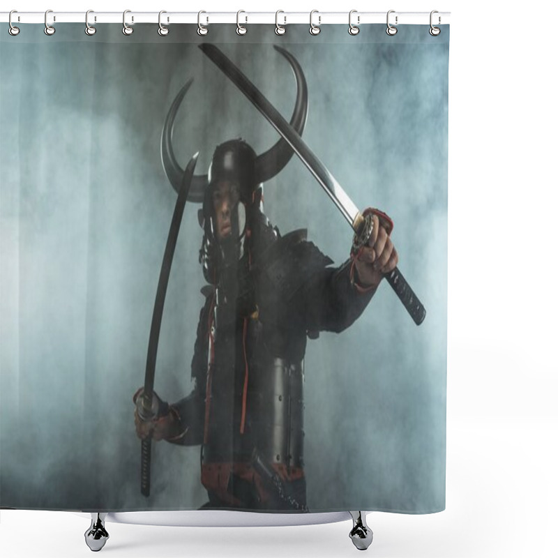 Personality  Samurai In Traditional Armor With Dual Katana Swords In Defence Position On Dark Background With Smoke Shower Curtains