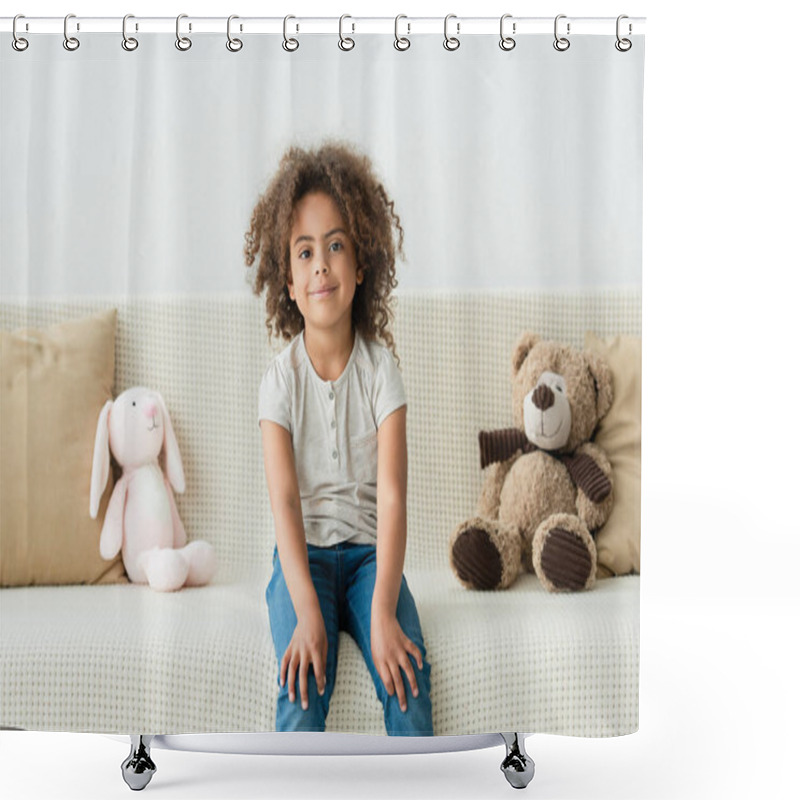 Personality  Curly African American Kid Looking At Camera And Sitting On Sofa With Soft Toys Shower Curtains