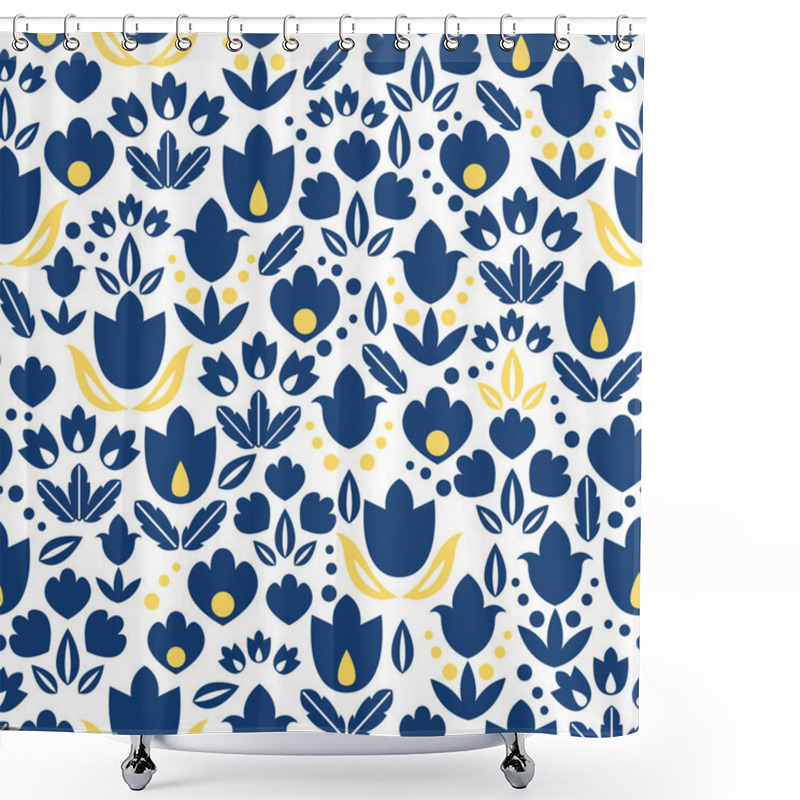 Personality  Vector Dark Blue Navy And Yellow Tulips Flowers Seamless Repeat Pattern Bacgkround Design. Great For Springtime Greeting Cards, Invitations, Wedding, Fabric, Wallpaper, Wrapping Projects. Shower Curtains