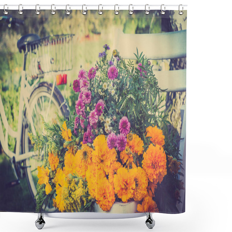 Personality  Autumn Flowers Bouquet In The Garden. Blurred Retro Bike In The Background, Vintage Photo. Shower Curtains