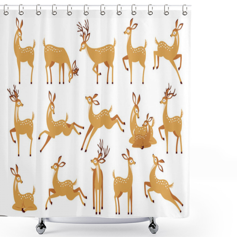 Personality  Cartoon Deer Wild Animal Forest Fauna Standing, Lying, Jumping, Drinking And Grazing Set Isolated On White. Cute Bambi Baby Fawn, Horny Reindeer And Spotted Roe In Various Poses Vector Illustration Shower Curtains