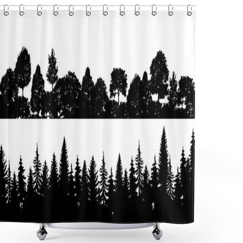 Personality  Set Of Black Horizontal Silhouettes Coniferous Treetops Forest Pine, Spruce, Cedar . Coniferous Spruce Panorama. Park Of Evergreen Wood. Vector On White Background EPS Shower Curtains