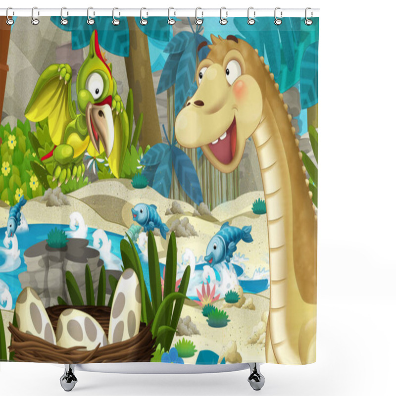 Personality  Cartoon Scene In The Jungle Near Stream Or River With Flying Dinosaur Pterodactyl And Apatosaurus - Illustration For Children Shower Curtains