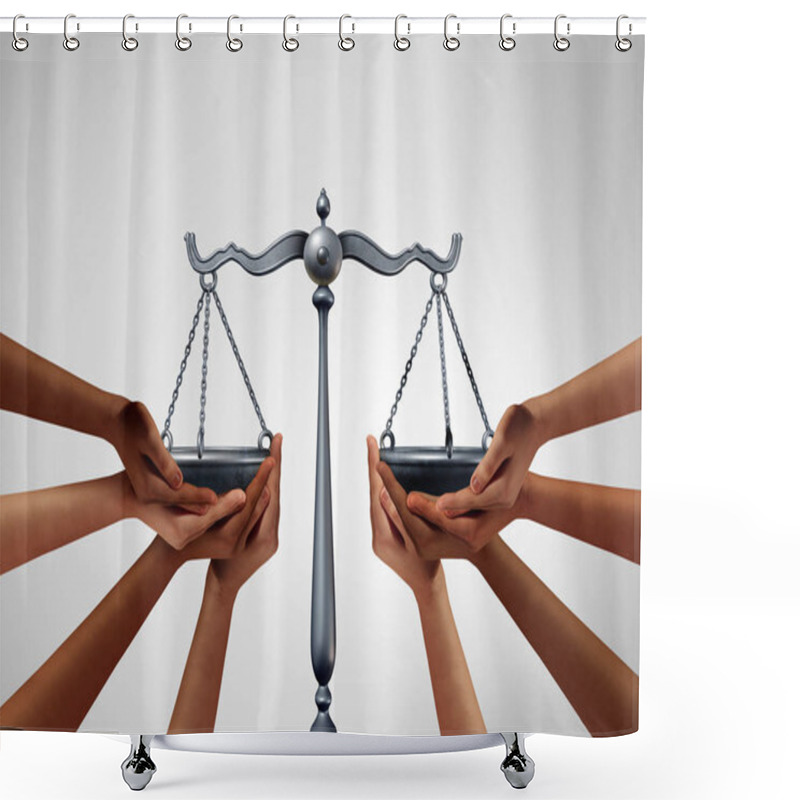 Personality  Social Justice And Equality Law In Society As Diverse People Holding The Balance In A Legal Scale As A Population Legislation With 3D Illustration Elements. Shower Curtains