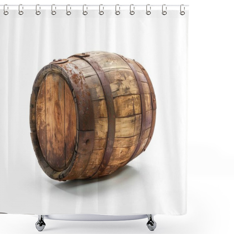 Personality  A Rustic Wooden Barrel With Metal Bands, Showcasing A Weathered Appearance And Rich Textures. Shower Curtains