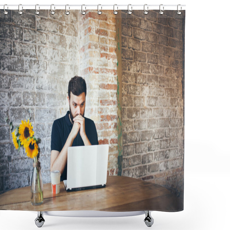 Personality  Concentrated Young Beard Man Working On Laptop While Sitting In Co-working Place Shower Curtains